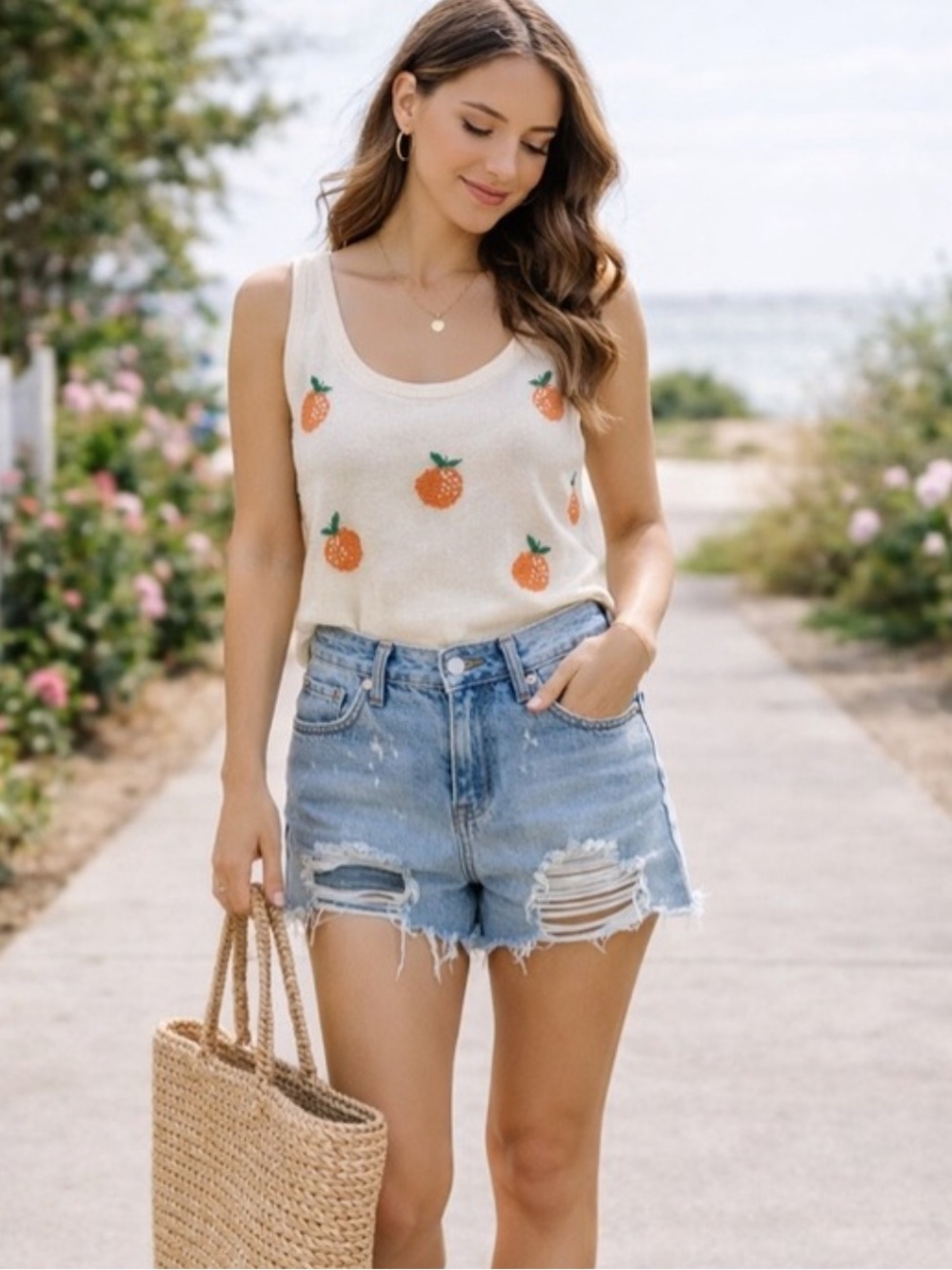 NWT Lou & Grey For LOFT Orange Fruit Motif Sweater Blouse